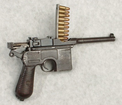 Pisztolyt Mauser-96 (Mauser C96) eszköz interakció mechanizmusok és alkatrészek (öntöltő) Pisztolyt Mauser-96 (Mauser C96) eszköz interakció mechanizmusok és alkatrészek