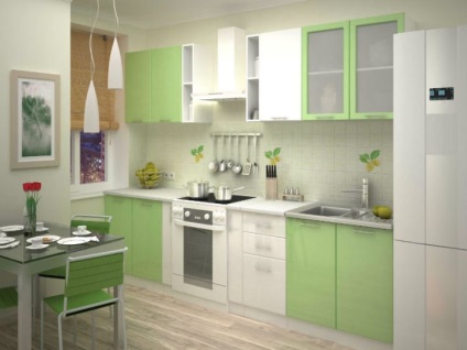Zöld konyha elegáns színkombináció a belső, modern függönyök és tapéta
