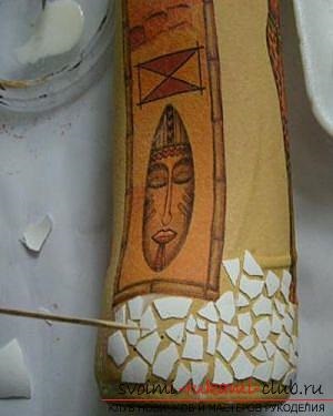 Decoupage palack egy afrikai stílusú, kagyló kézműves, hogyan lehet egy mozaik a héj (decoupage) Decoupage palack egy afrikai stílusú, kagyló kézműves, hogyan lehet egy mozaik ki a shell
