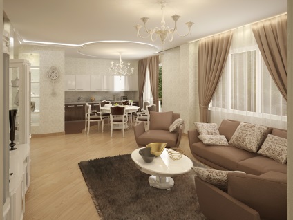 Дизайн інтер'єру вітальні в приватному будинку в сучасному стилі суміщеної кухні та вітальні, кімнати