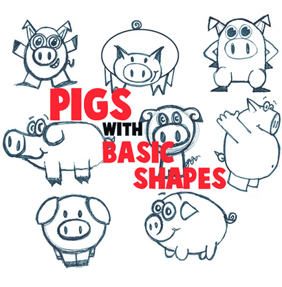 Guide grand pour dessin Cartoon Pigs avec des formes de base pour les enfants - Comment dessiner étape par étape Dessin