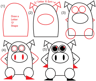 Guide grand pour dessin Cartoon Pigs avec des formes de base pour les enfants - Comment dessiner étape par étape Dessin