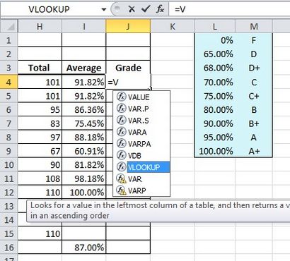 Excel Formula Aide - RECHERCHEV pour changement de pourcentages sous forme de lettres