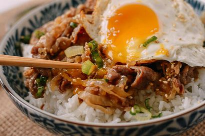 Gyudon (japanischer Rindfleisch - Reis-Schüsseln) - Der Wok of Life