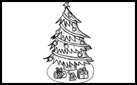 Wie zeichnet man Weihnachtsbaum dekoriert und Geschenke Underneath mit Easy Step by Step Drawing Tutorials