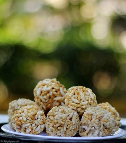 Pori Urundai Rezept, South Indian süße Puffreis Balls