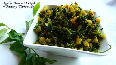 Grésillement Tastebuds Agathi Keerai Kariamudhu (poriyal) avec Toor Dal, Agathi feuilles de cari, Agase