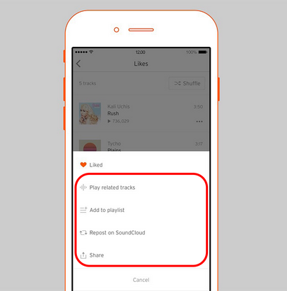 app SoundCloud vous permet de Lecture aléatoire et pistes liées au jeu