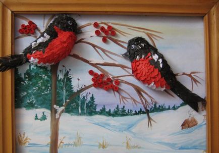 Quilling madarak galamb és a csirke, a Tűzmadár és a papagáj, Bullfinches és mell, elrendezése és felszerelése, a mester