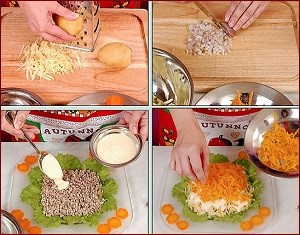 Mimosa saláta - klasszikus recept lépésről lépésre fotók