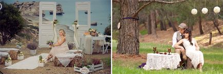 Egy esküvő, rusztikus stílusú felépítése és elrendezése, a képek a menyasszony és a vőlegény fotók