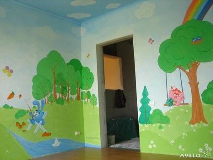 Rajzok a falakon a gyerekszobában - egy fotó érdekes ötlet és színválasztás szabályokat, amikor festi