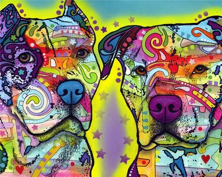 Alkotó Dean Russo, festmény portrék kutyák, pitbull védelem, novella hosszú tacskó