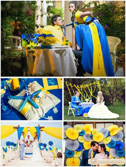 Kék és sárga esküvői dekoráció