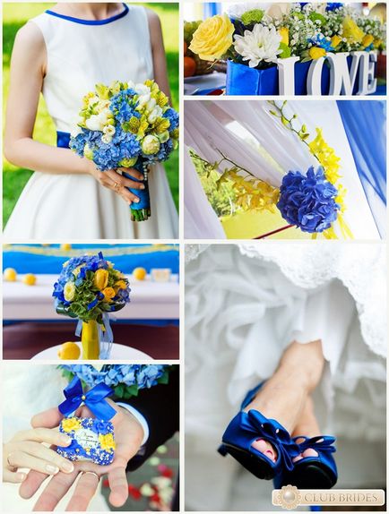 Kék és sárga esküvői dekoráció