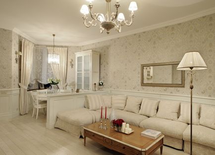 A belső tér a nappaliban egy klasszikus stílusú, gyönyörű modern design a szobában