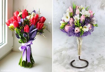 Gyönyörű elegáns esküvői csokor tulipán és az írisz, rózsa, bazsarózsa, frézia