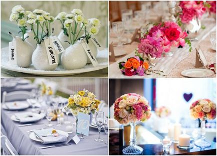 Esküvői asztaldísz ifjú szövet, virágok és gyertyák - tervezési ötletek fotókkal
