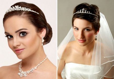 Divatos menyasszonyi frizurák quadok - kiterjesztéssel, béren kívüli, virágok, tiara, fátyol