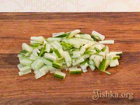 Saláta Tarisznyarák, kukorica és uborka - receptek fényképpel