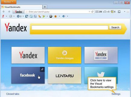 Vizuális könyvjelzők Yandex a berendezés és a személyre szabni a