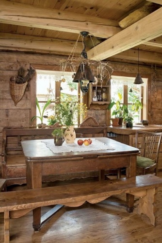Belső vidéki ház egy tűzhely, egy fénykép nappali, konyha