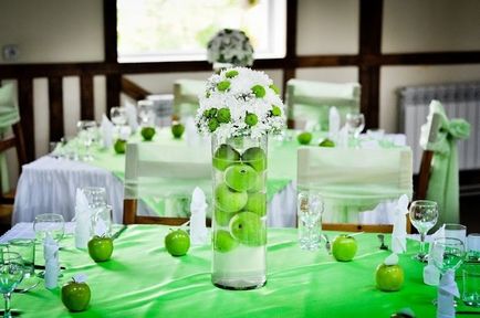 Esküvő a zöld forgatókönyv, dekoráció, a csarnok és meghívás
