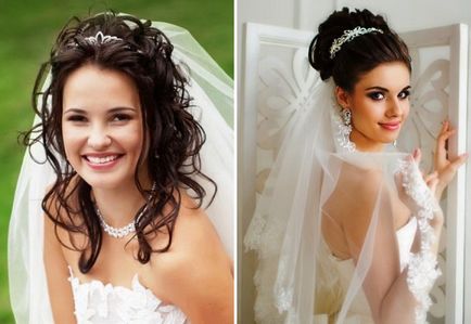 Gyönyörű esküvői frizurák közepes haj - a fátylat, frufru, tiara, virágok (frizura) Gyönyörű esküvői frizurák közepes haj - a fátylat, frufru, tiara, virágok