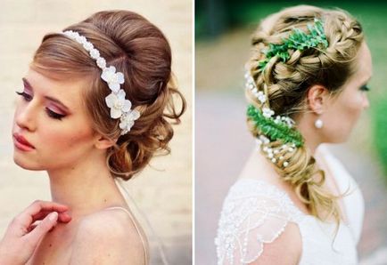 Gyönyörű esküvői frizurák közepes haj - a fátylat, frufru, tiara, virágok