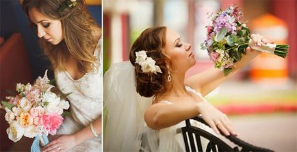Esküvői csokrok elefántcsont színű a ruha alatt, a kombináció a különböző színek, fotók