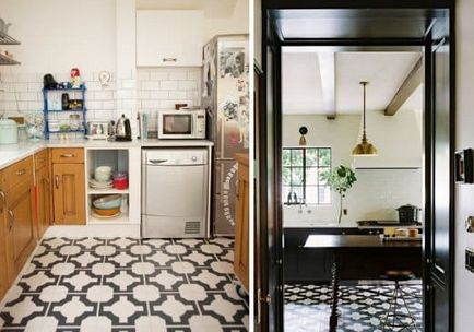 csempe design a konyhában visel kötényt és a padlóra (fotó)