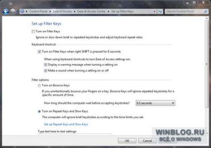Ragadós billentyűk letiltása, és belép a szűrés Windows 7