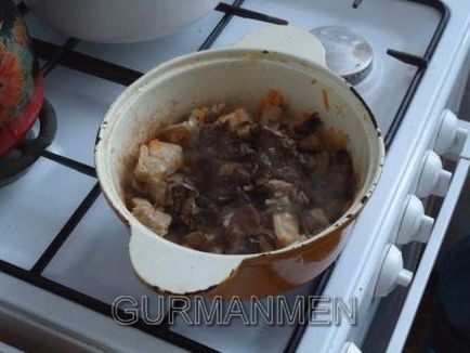 Burgonya pörkölt hús és gombával elkészítésekor a férfiak