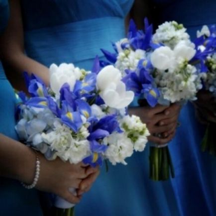 Kék menyasszonyi csokor, amit virágok közül lehet választani a menyasszony