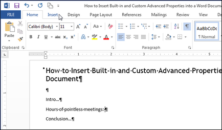 Как да вмъкнете допълнителни вградени и потребителски свойства в думата документ