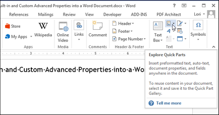 Как да вмъкнете допълнителни вградени и потребителски свойства в думата документ