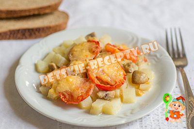 Картофи с гъби, сирене и домати, печени в пещ - рецепта със снимки, рецепти за деца, кухня