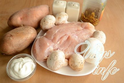 Пиле с гъби и картофи в рецептата на фурна със снимка