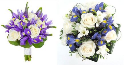 Сватба букет ириси и рози, гербери, хризантеми (снимка)