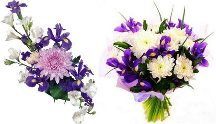 Сватба букет ириси и рози, гербери, хризантеми (снимка)