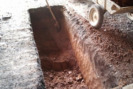Инспекция яма в гаража с ръце като копаят и правят тухли от близо, изчисляването