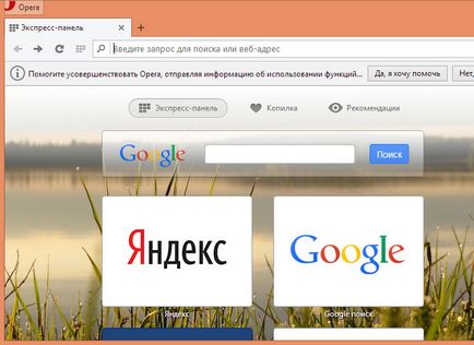 Както и в операта Express панел за замяна на търсенето Yandex на Google, бяло прозорци
