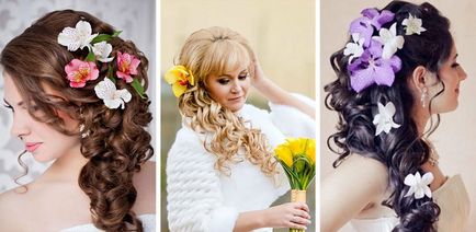 Сватбени прически с цветя на дълги и средни снимка коса