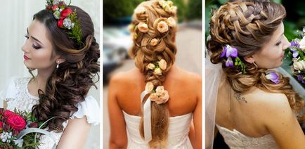 Сватбени прически с цветя на дълги и средни снимка коса