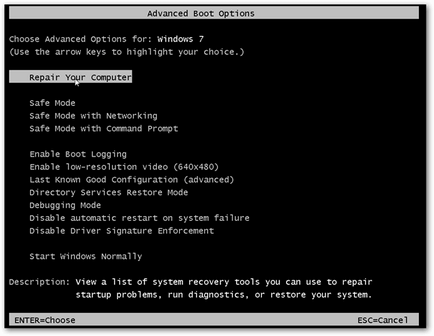 зареждане на възстановяване или ремонт на стартиране (Windows 7)