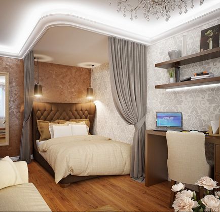Дизайн всекидневна комбинирана с една спалня в една стая