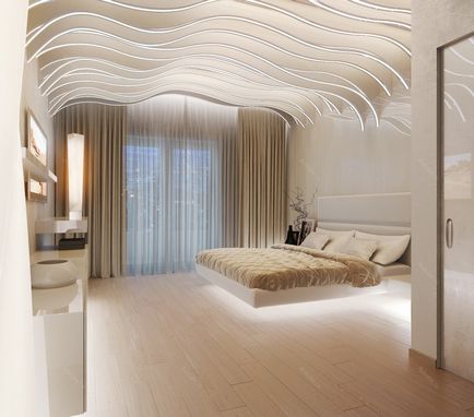Дизайн таван в спалнята са прости и сложни дизайнерски варианти