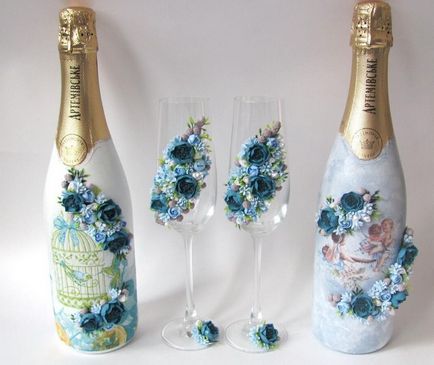 Как да украсят една бутилка шампанско за сватбата със собствените си ръце