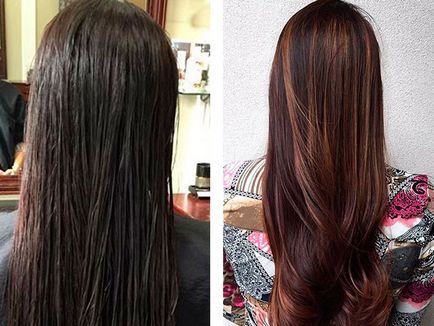 Акценти върху тъмна коса преди и след снимки