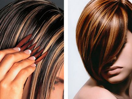 Акценти върху тъмна коса преди и след снимки